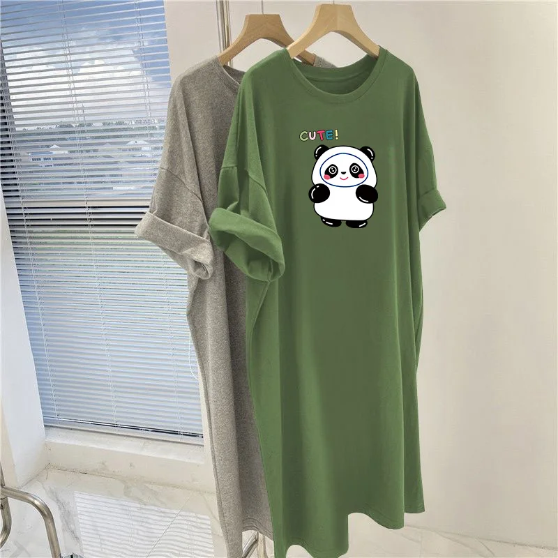 Summer O-neck Cartoon Printed Tunic, Women Clothing Casual Loose Basic Pullovers Dress, Fashion Short Sleeve Overknee Dresses