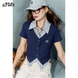 ELFSACK 2024 Summer New Arrivals Fake two college style short sleeved t-shirts, women's bow embroidered tops