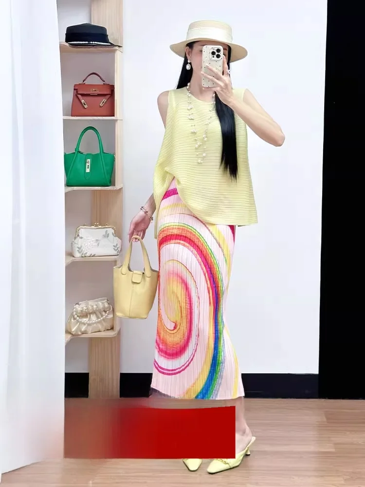  Print Midi Skirt High Waist Straight Cut Pleated A-Line Silhouette Casual Commute Style Polyester Fabric Summer Skirt