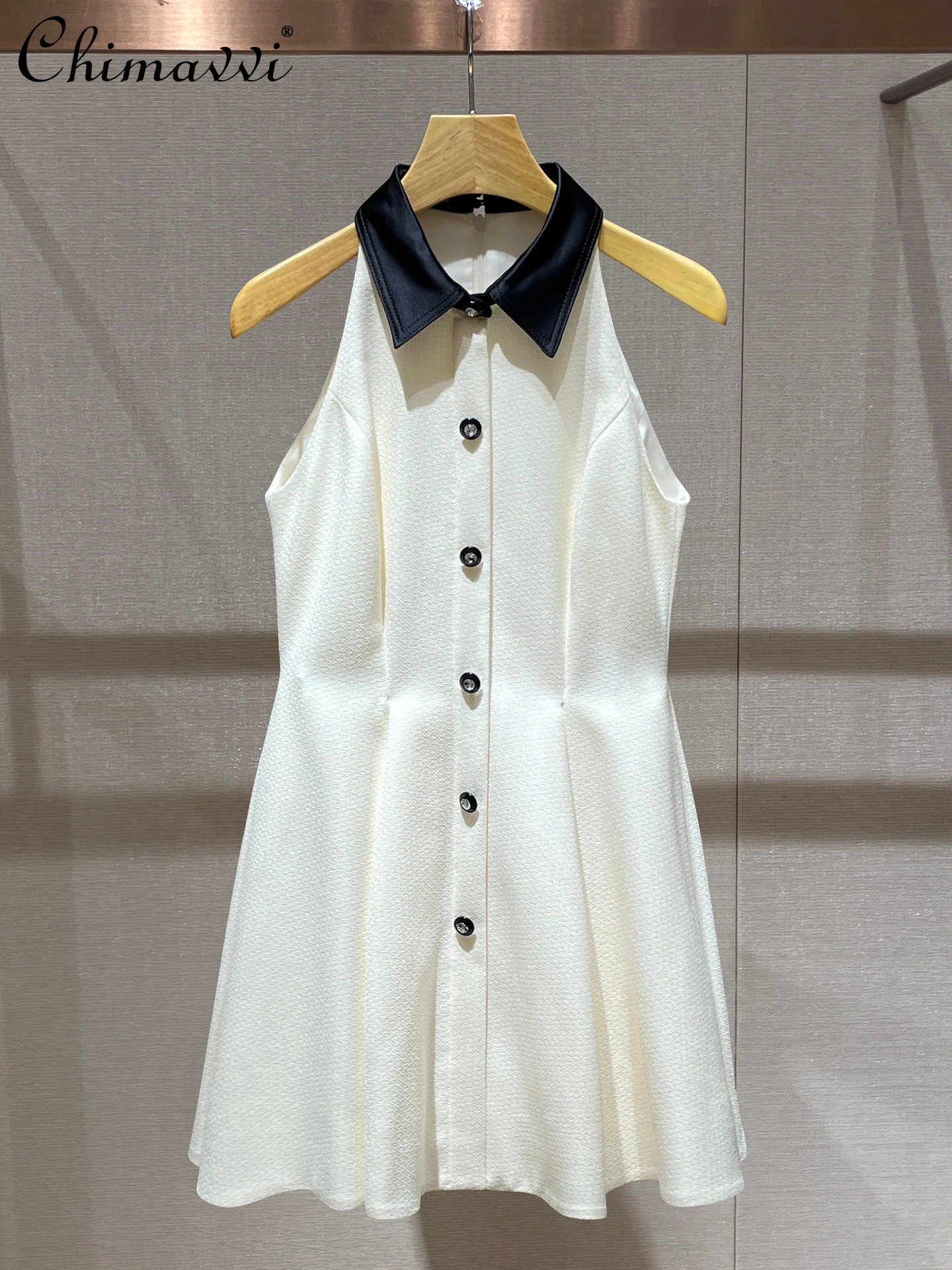 

French Elegant Sweet Socialite Dresses Polo Neck Sleeveless Single-Breasted High Waist A-line Birthday Party Short Dress Women