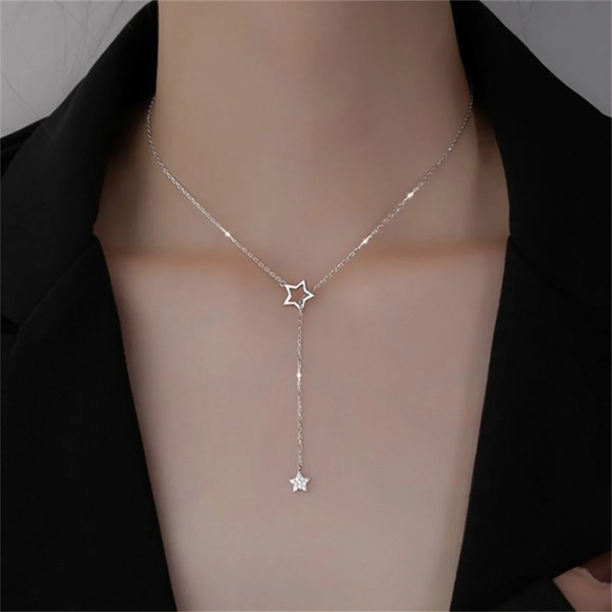 Simple Silver Color Hollow Star Necklace For Women Shiny Star Long Tassel Choker Clavicle Chain Wedding Party Birthday Jewelry