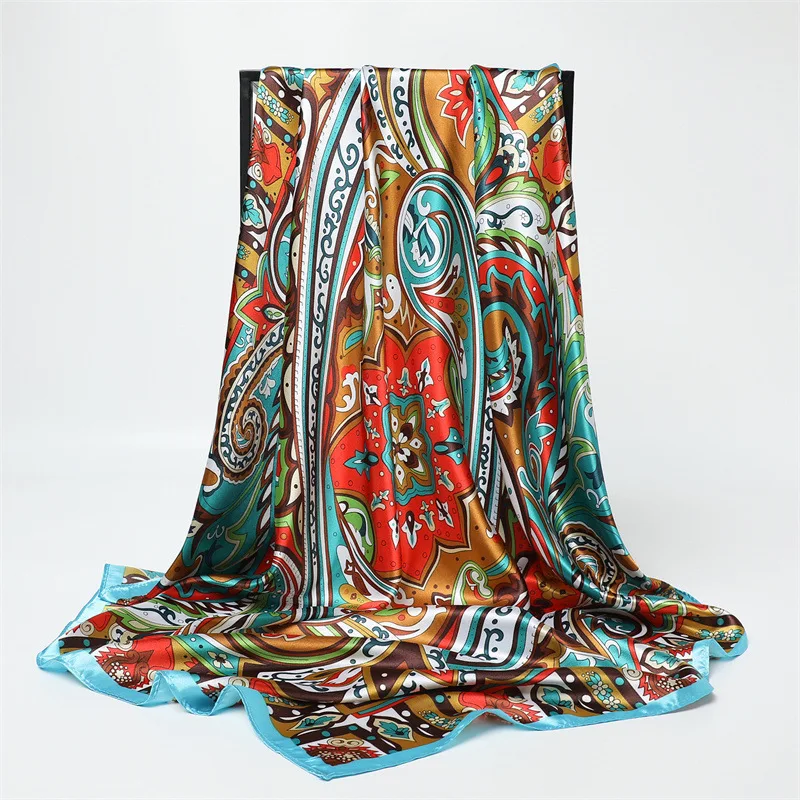 90cm Fashion Printed Big Square Scarf Women Imitation Silk Scarves Bandanas Luxury Travel Shawl Wraps Elegant Hijab Neckerchief
