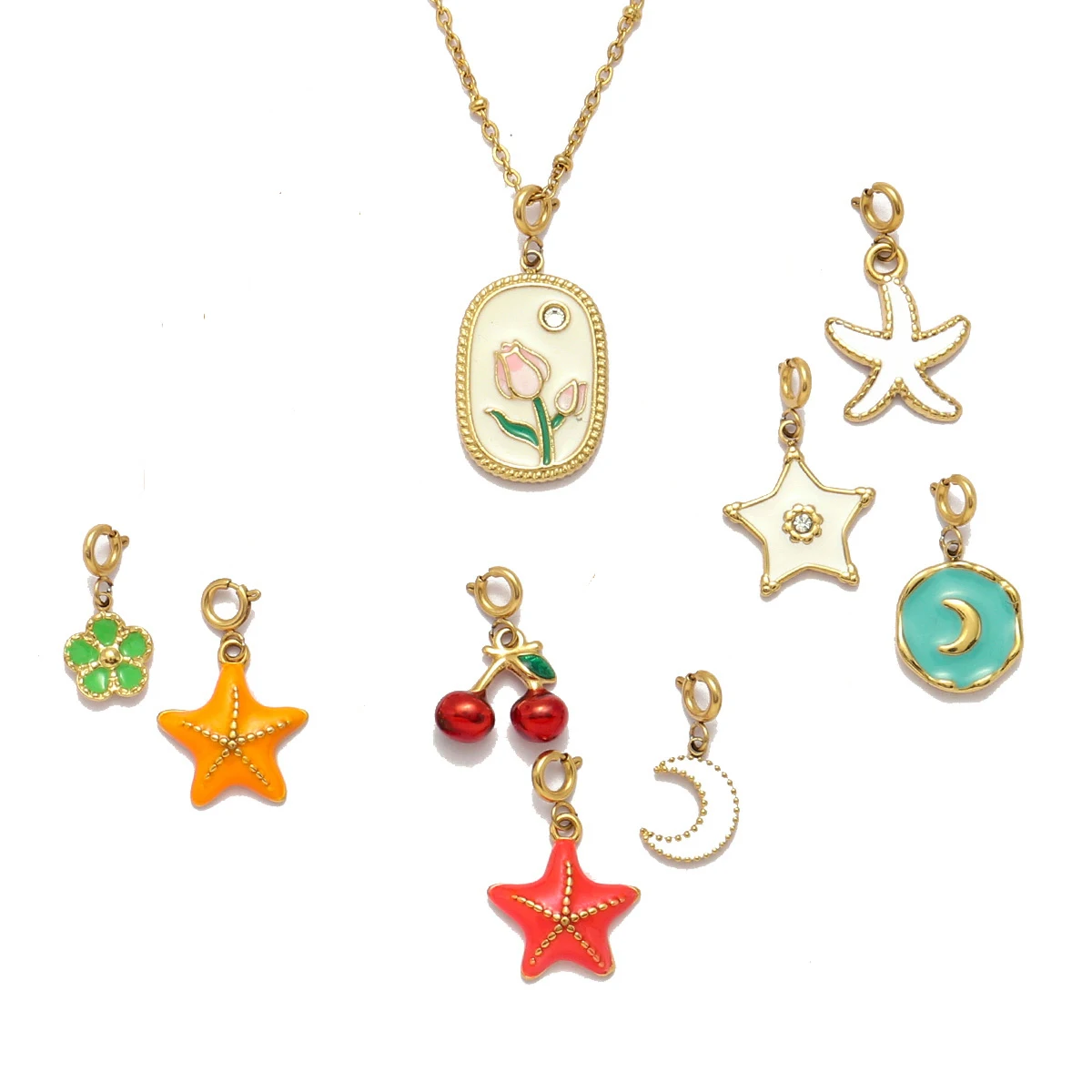 

3pcs/Lot Stainless Steel Flower Moon Star Charms Pendants with Snap Hook for DIY Jewelry Making Accessory Wholesale