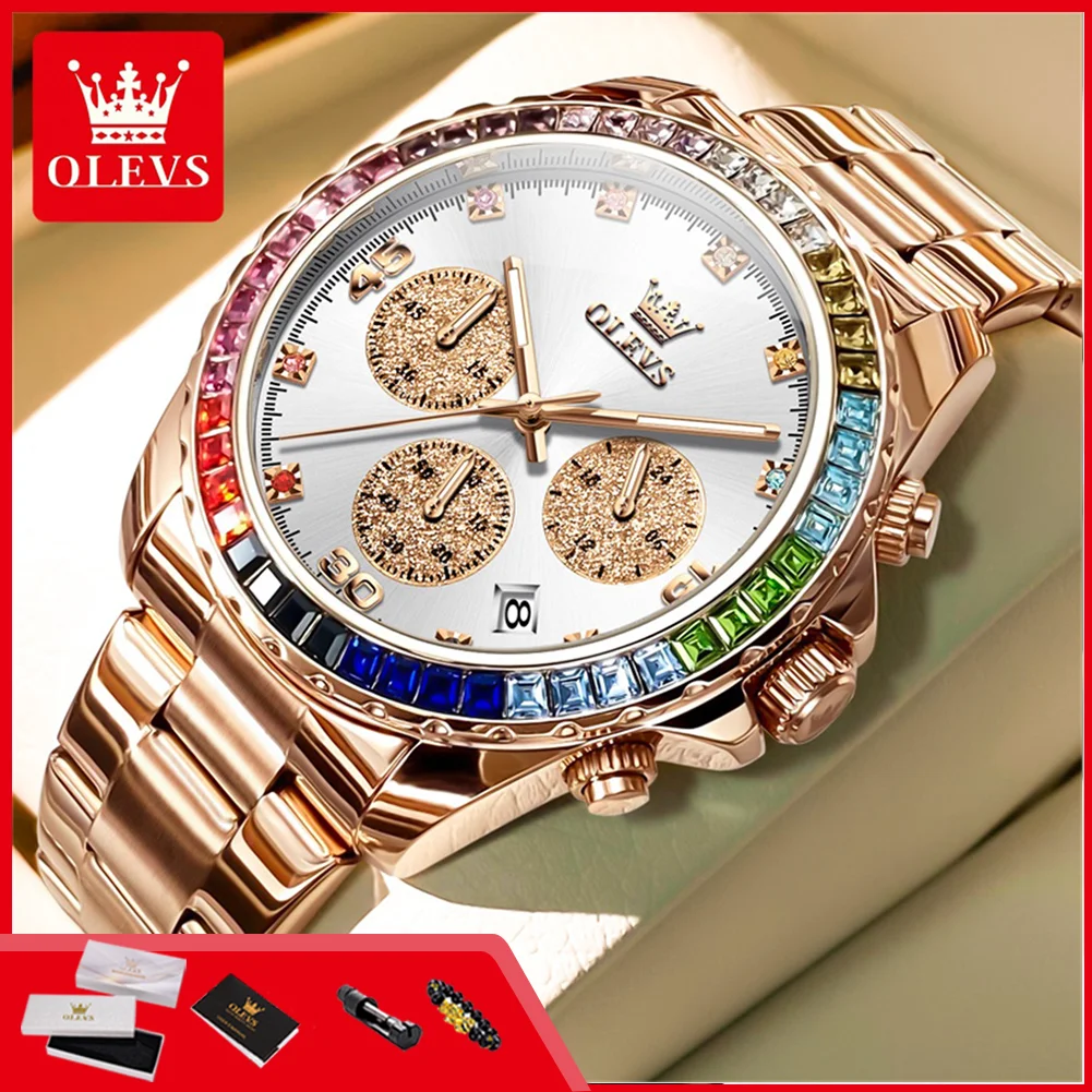 OLEVS 2939 Herrenuhr mit Regenbogen-Edelsteinlünette, Chronograph, Leuchtzeiger, Elegante Quarz-Armbanduhr, Luxuriöse Geschäftsherrenuhr