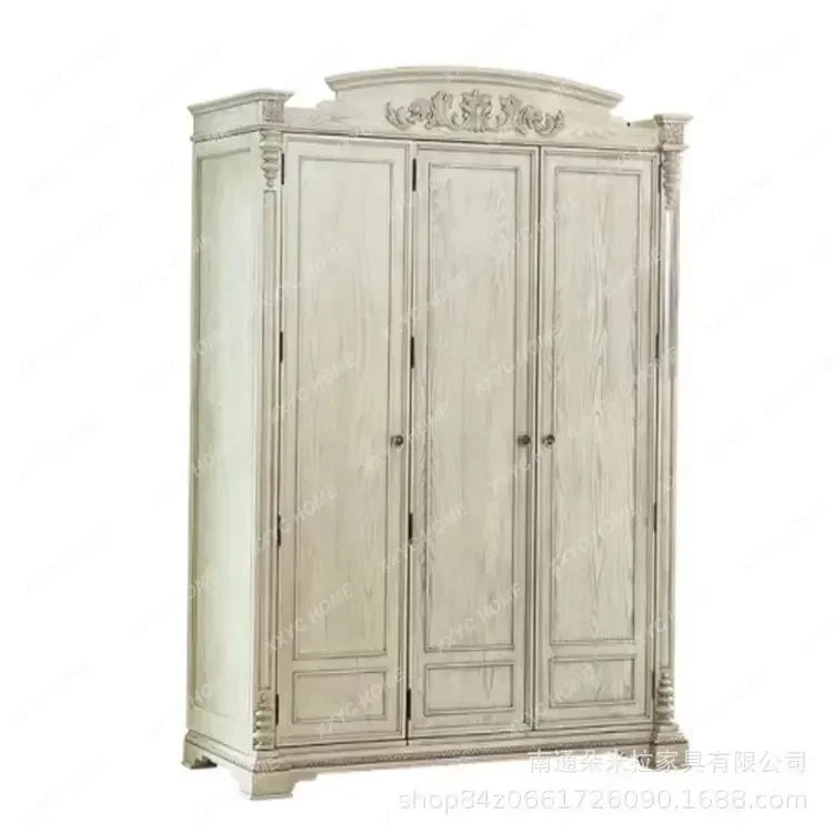 

Trade Export Country Solid Wood Oak Retro Old Ivory White Carved Double Door Wardrobe
