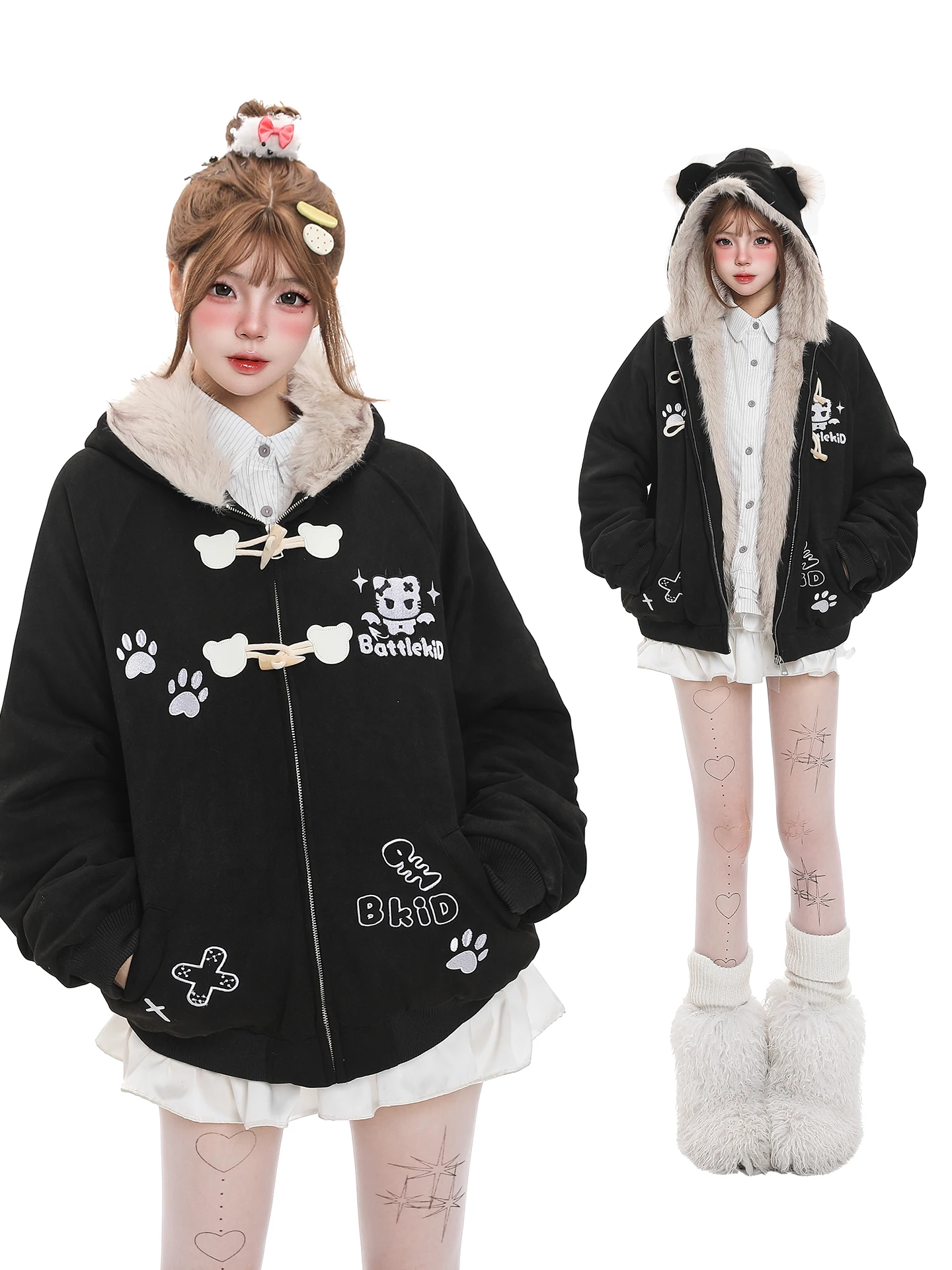 Korean Sweet Cute Embroidered Lazy Style Thickened Fleece Women's Cotton Jacket Winter Design Sense Warm Coat Outerwear