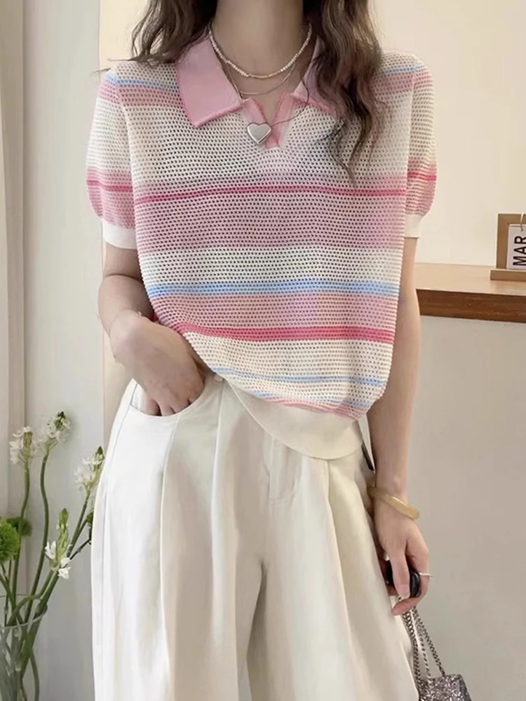 Sweet Young Slimming Ice Silk Knitted Top Hollow out Stripe Color Blo Summer Faionable Base irt Korean Sle Loose Fit
