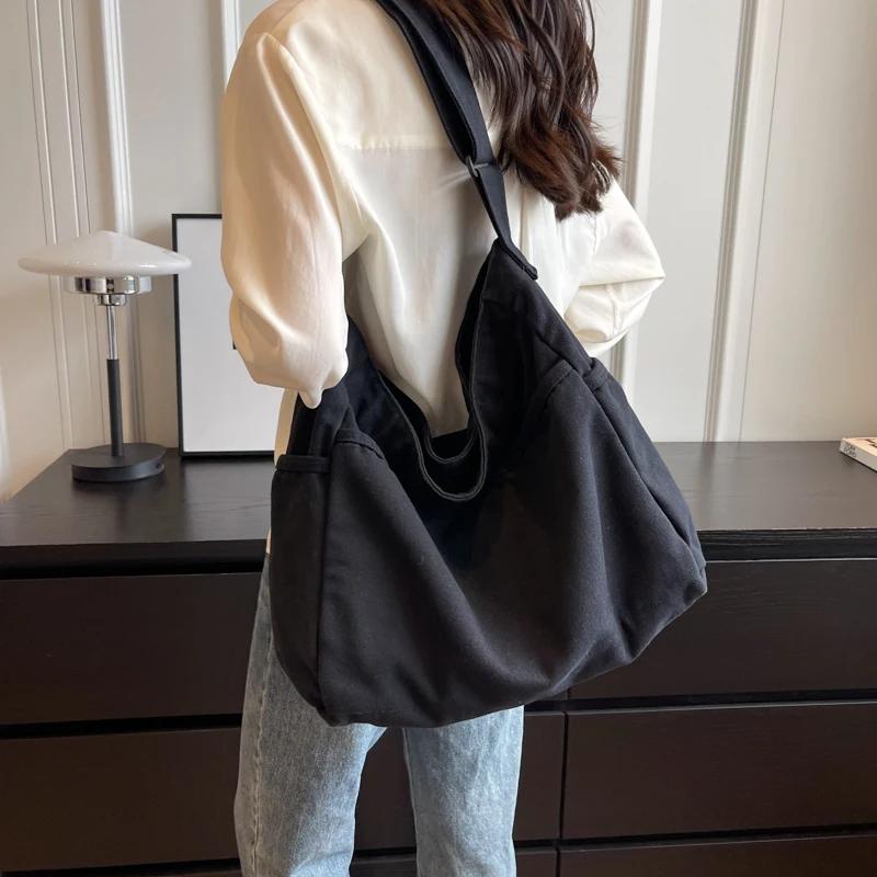 Black Canvas Women's Bag Zipper Eco Bag Korean Shoulder Cross Bag Big Shopping Messenger Bag Y2K Handbag Multi Pockets Murse Ins