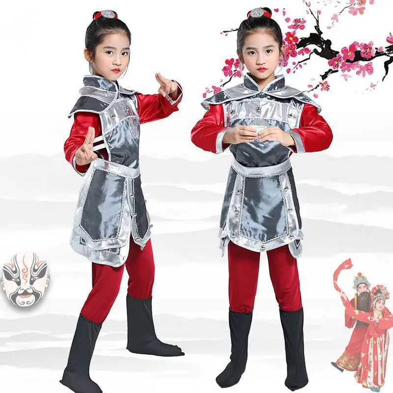 ชุดการแสดงทีมมู่หลานของทหาร ชุดเด็กสไตล์จีนโบราณ ชุดการแสดงโอเปร่าและเต้นรำสำหรับเด็กผู้หญิง