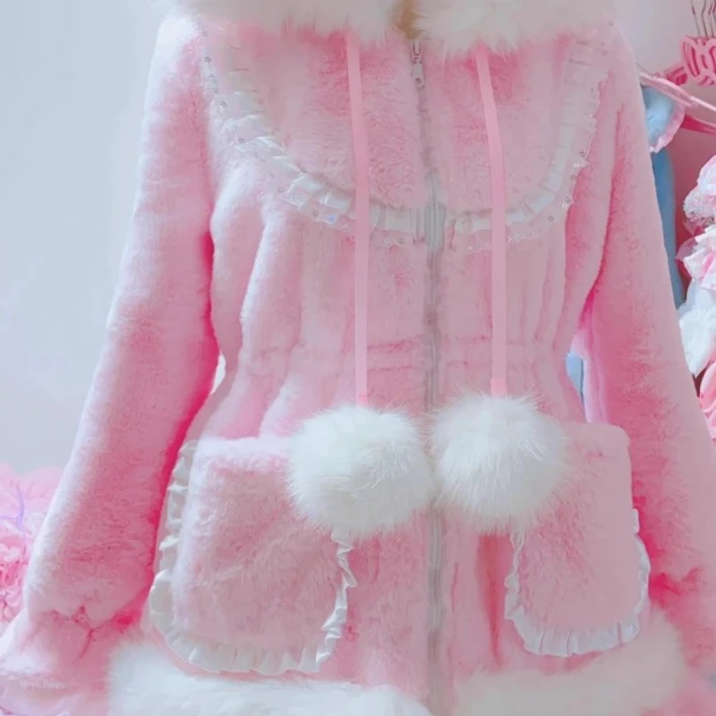 Original Design Cute Pink Furry Splicing Hooded Women's Jacket Autumn Winter New Fleece Lined Waist Adjustable Warm Coat Ladies