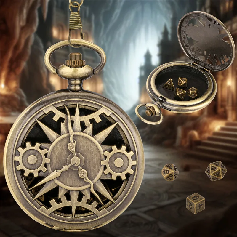 Steampunk 7pcs/set Metal Polyhedral Dices Hollow Out Gear Cover Pocket Watch Case FOB Chain Role Playing Board Games Accessories