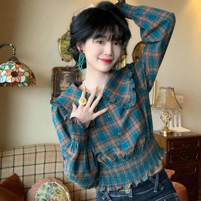 Women Stylish Vintage Plaid Print Sweet Chic Blouses Ruffle Peter Pan Collar Slim Short Shirts Korean Long Sleeve Tops Y2K Blusa