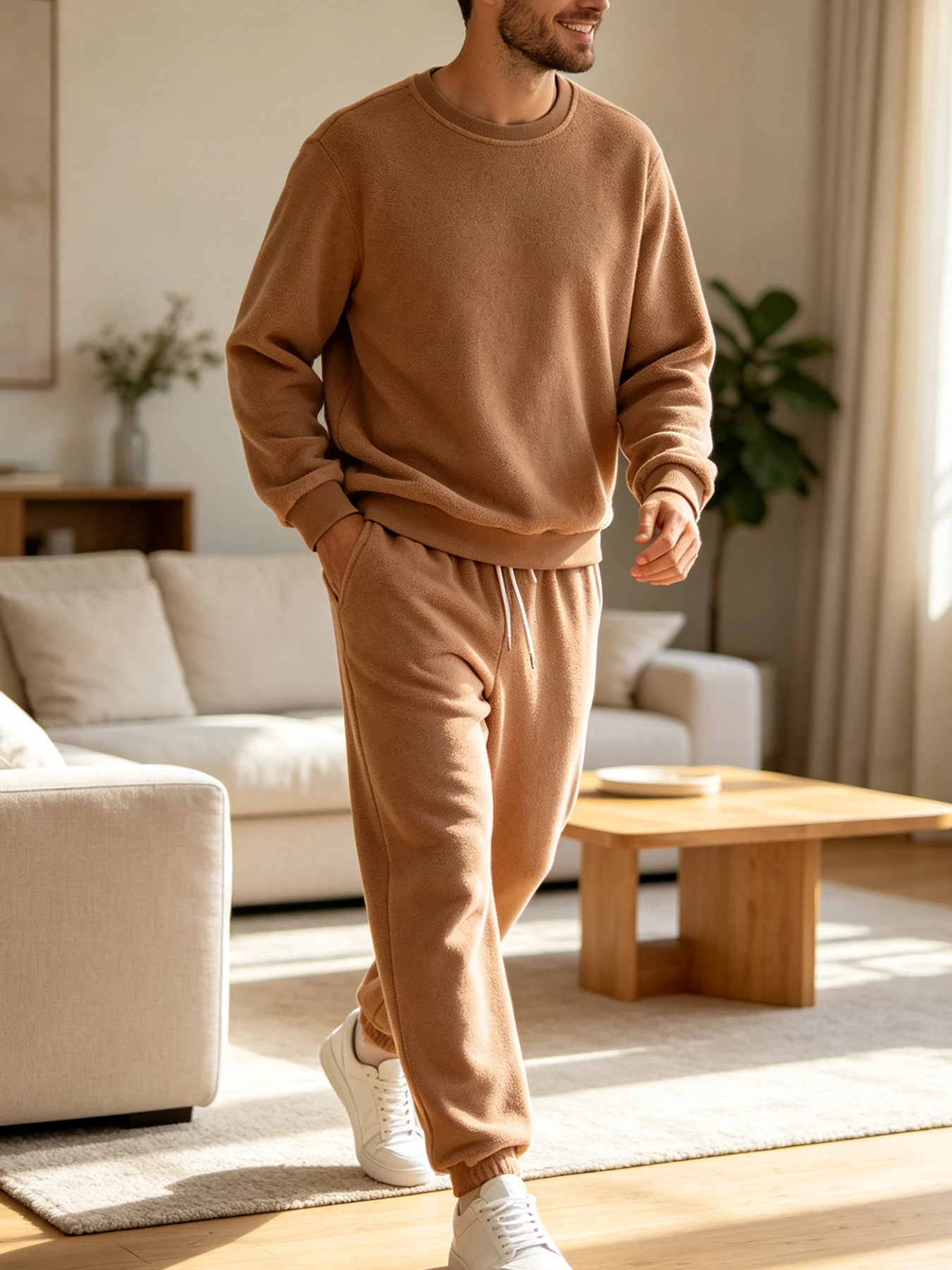 Ensemble deux pièces en polaire chaude doublée de polaire pour homme, sweat-shirt à col rond et pantalon kaki, ensemble décontracté confortable et doux pour la peau pour la maison