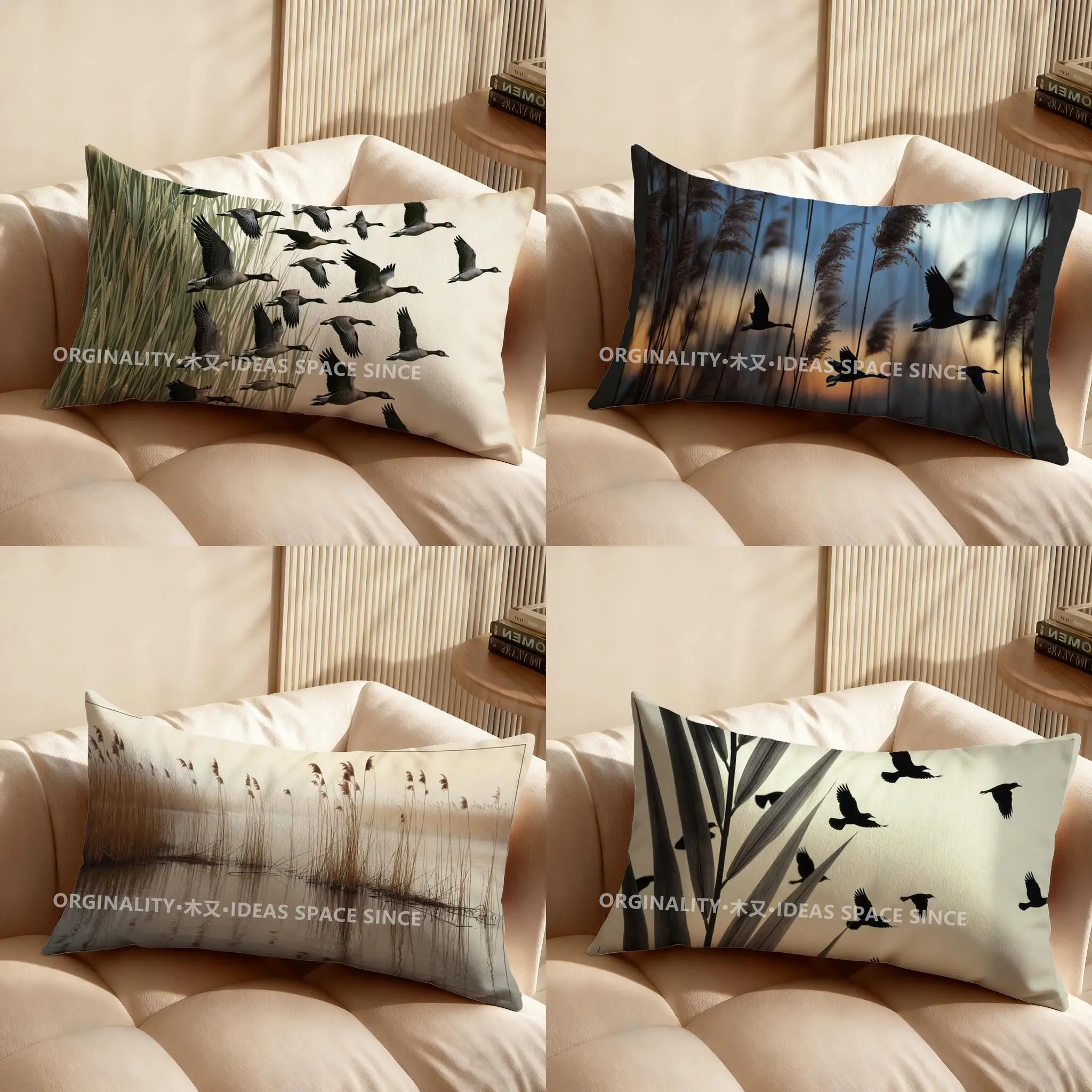 

Декоративная подушка с 2D-изображением летящих гусей на тростнике, подходит для дивана, спальни, автомобиля, прямоугольная подушка для спины