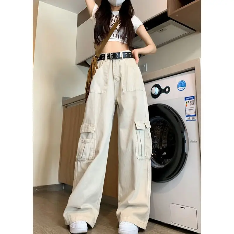 

Джинсы-карго с большими карманами, женские весенние 2024, новые брюки длиной до пола с высокой талией и широкими штанинами, повседневная уличная одежда, повседневная одежда