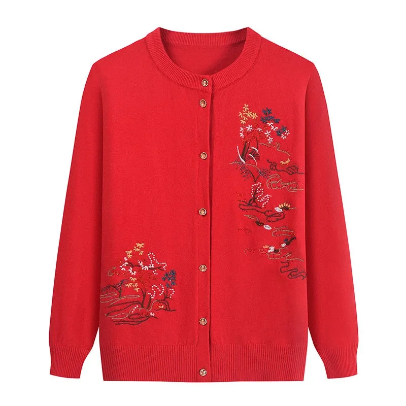 Oma Bestickte Strickjacke Jacke Frauen Herbst Winter Lose O Hals Langarm Pullover Mantel Casual Weibliche Outwear Tops