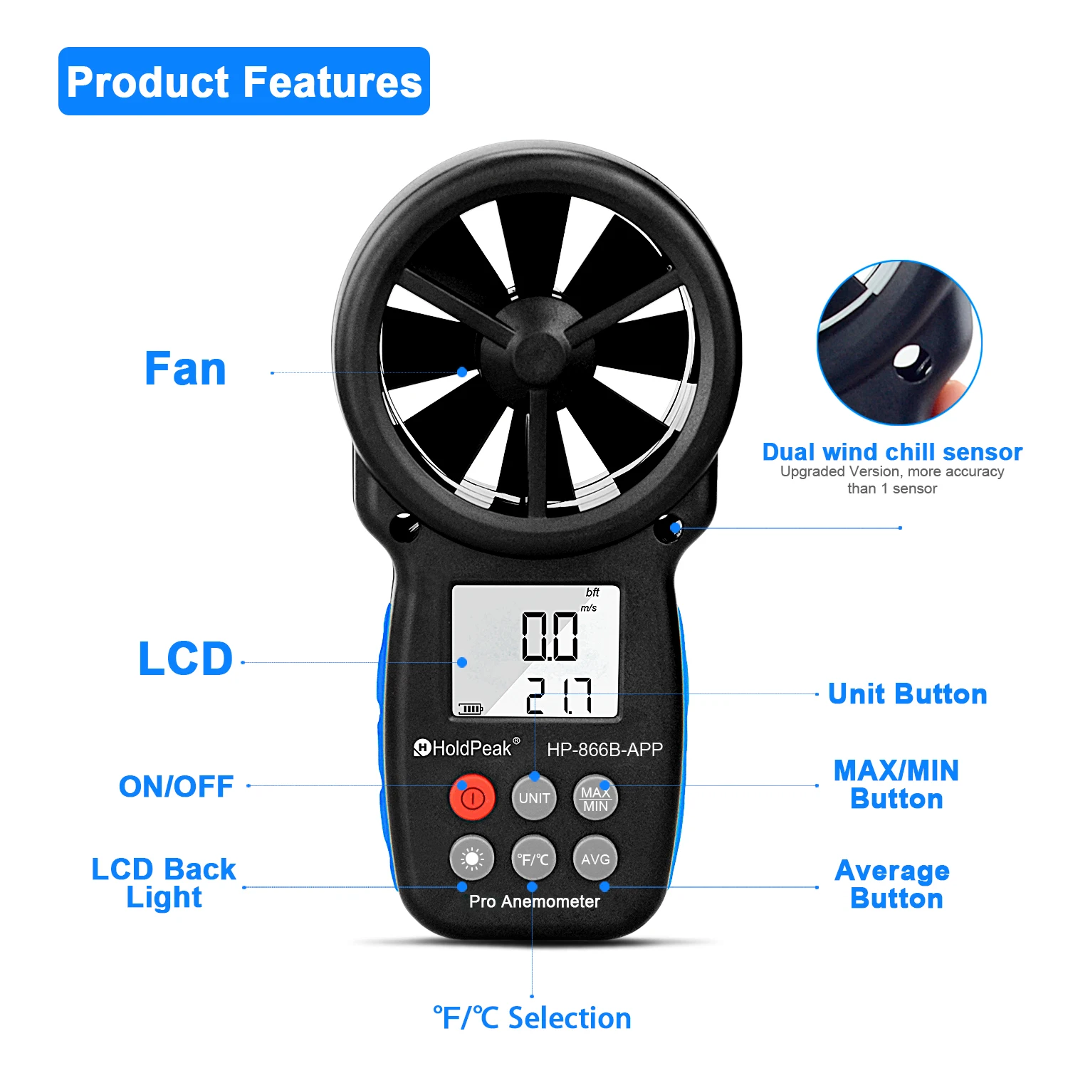 Imagem -02 - Holdpeak-anemômetro Portátil Bluetooth Digital Velocidade do Vento Fluxo de ar e Temperatura Medidor Hvac Outdoor Vela 866b-app