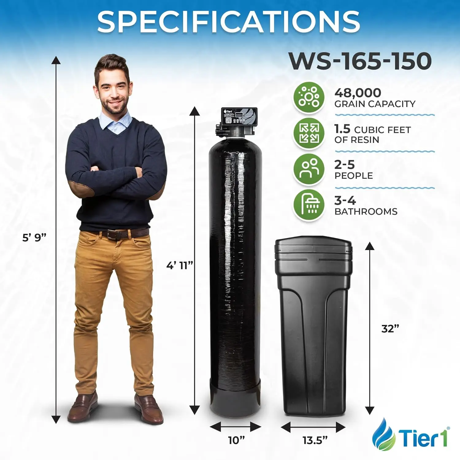 

Tier1 Whole House Water Softener System 48,000 Grain High Efficiency With Sediment Pre-filter | Pre-filled mineral tank