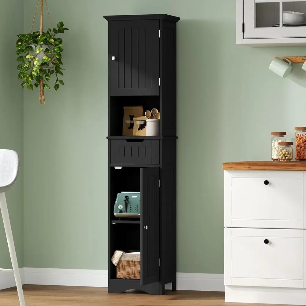67 Hochfreistehender schwarzer Schrank mit 2 Türen und 1 Schublade für die Aufbewahrung im Badezimmer, verstellbare Regale, geeignet für Wohnzimmer und
