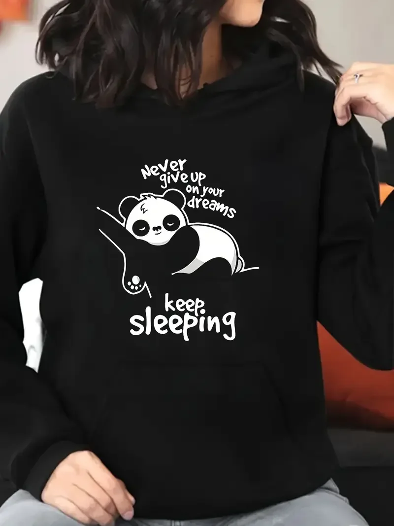 

Толстовка с принтом Panda Never Give Up, женская повседневная толстовка больших размеров с карманами для повседневной носки, 550 г/м2, Kpop Demon Hunter