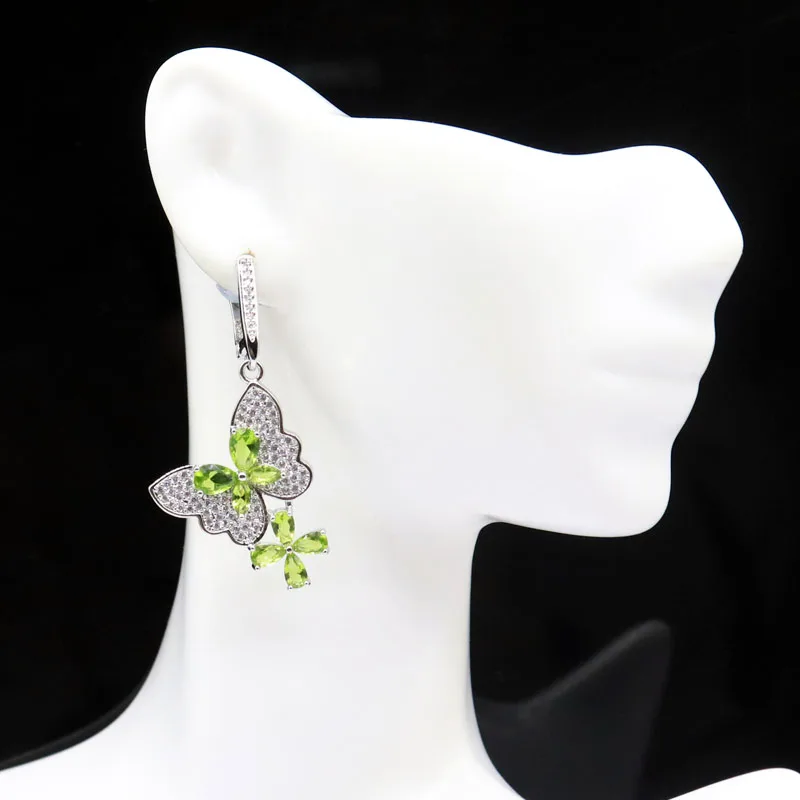 47x21mm Butterfly Shape Pink Raspberry Rhodolite Garnet Green Peridot White CZ Woman's Wedding Silver Earrings view 5