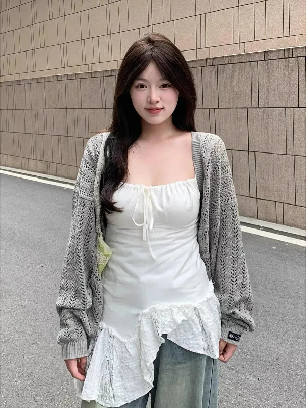 

Sweet Sle Кружевной топ на бретелях и жилет из двух предметов для женщин больших размеров Осенний повседневный свободный крой Длинный кардиган све