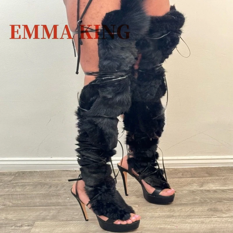 Faux Fur Wrap Cross Tied Platform Sandals Women's Sexy Open Toe Furry Gladiator Sandals Ladies Luxury Design Dress Party Shoes view 2