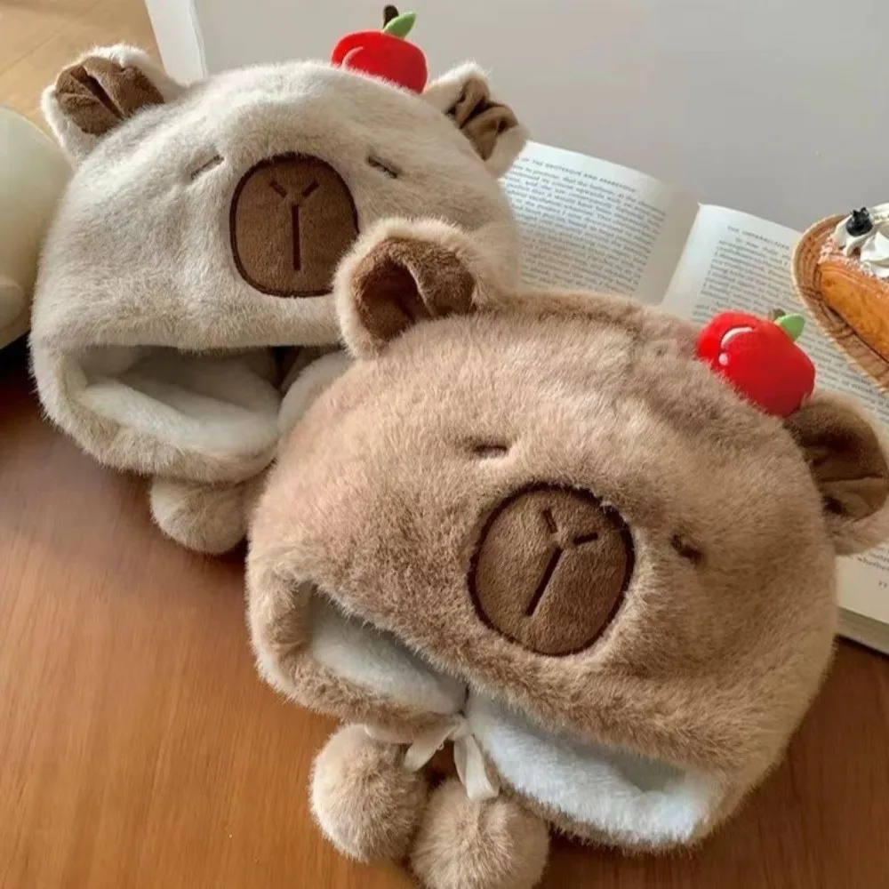 New Windproof Bonnet Cap Coldproof Warm Pullover Hat Plush Capybara Cartoon Ear Protection Cap Girls