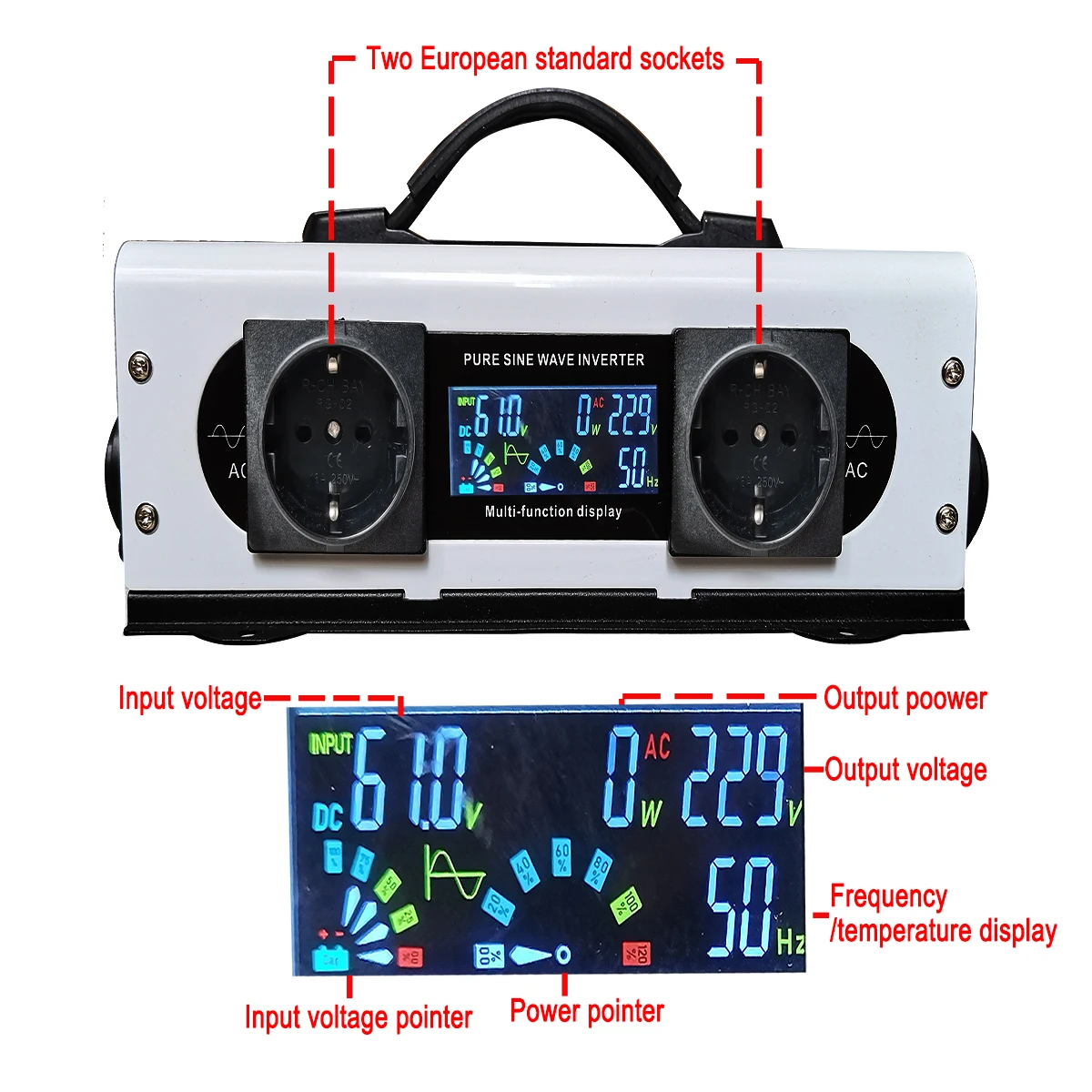 Imagem -03 - Banco Portátil do Poder do Inversor 12v 220v Onda Senoidal Pura Inversor Solar 3500w 1500w dc 24v 48v 60v para Ac220v 230v 110v Conversor do Carro