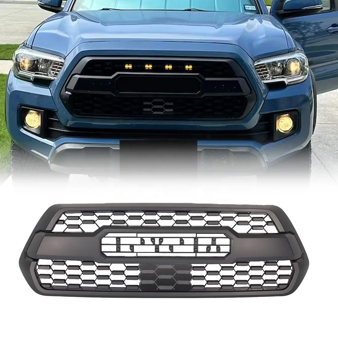 Car Grills Pickup Accessories Front Bumper Grille With Amber Lights & Sensor Cover For 2016-2023 Toyota Tacoma Matte Black ABS