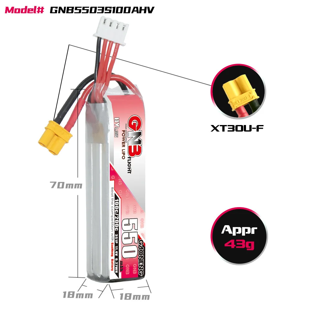 GNB-Batterie Lipo 3s, 550mAh, 100c/200c, aste, pour hélicoptère RC, quadrirotor FPV, importateur de course, pièces de rechange, HV 11.4V