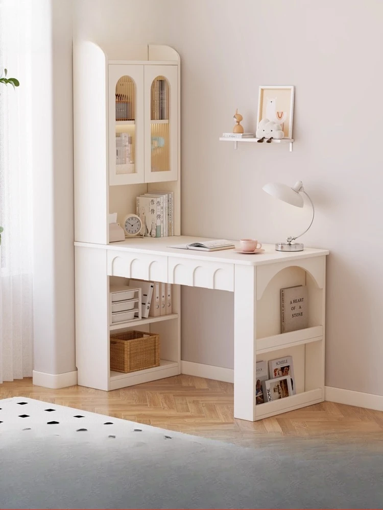 

Bedside corner cream computer desk bookshelf bookcase integrated dresser small apartment student study bedroom home