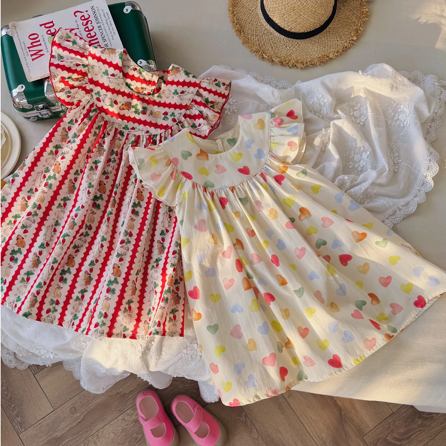 Kids Girls Hearts Print A-line Dress Flying Sleeve O-neck Soft Cotton Vestidos 1-8Y Children Spring Summer Fashion Dresses