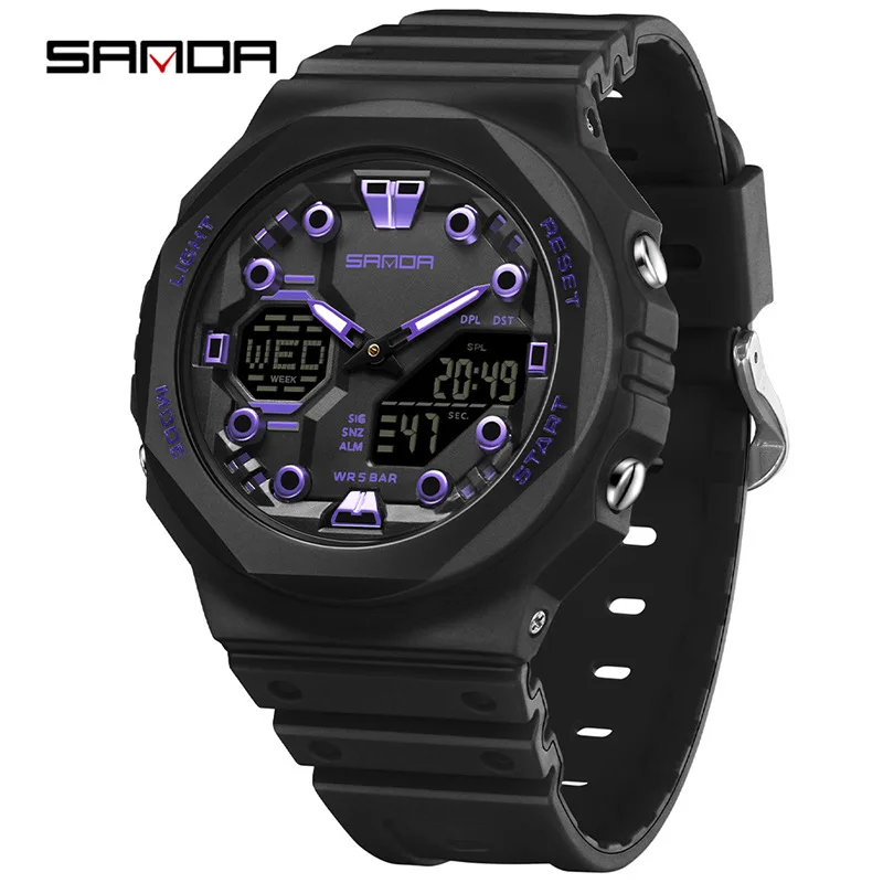 SANDA 6200 Electronic Watch Men Multifunction Alarm Clock World Time Waterproof Luminous Cool Students Digital montres hommes