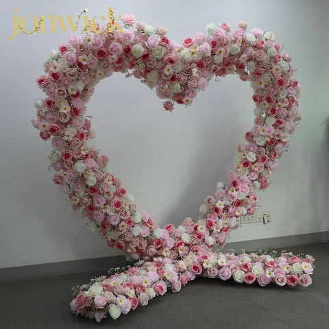 Wedding Backdrop Deco Flower Luxury 5D Pink Floral Arrangement With Heart-Shaped Frame Stand Party Arch Prop Stage Flowers Shelf