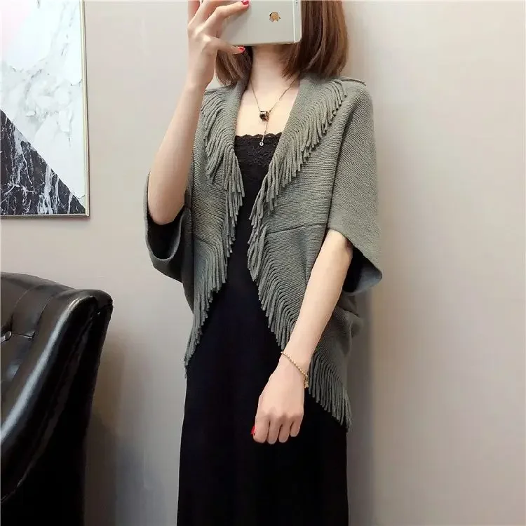 Gray Women Spring Knit Tassels Open Stitch Lady Out Loose Coat Sweater Vest Party Scarf Over Cloth Top Shawl Cloak Cape Poncho