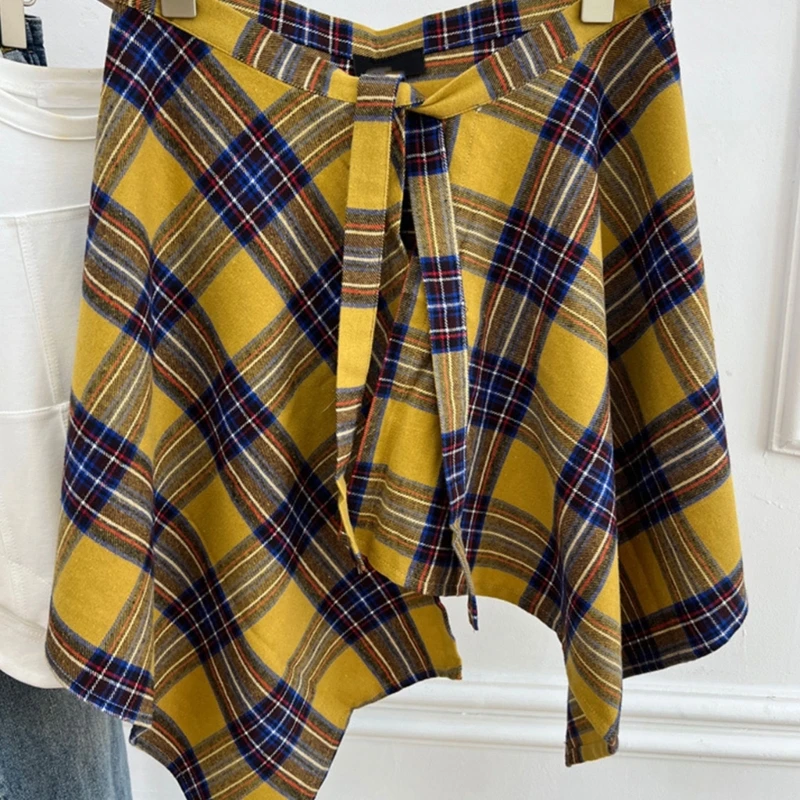 Vintage Plaids Half Body Wrap Skirt Hiphop Faux Shirt Hem Layered Hip Scarf Apron Skirt for Fashionable Women and Men