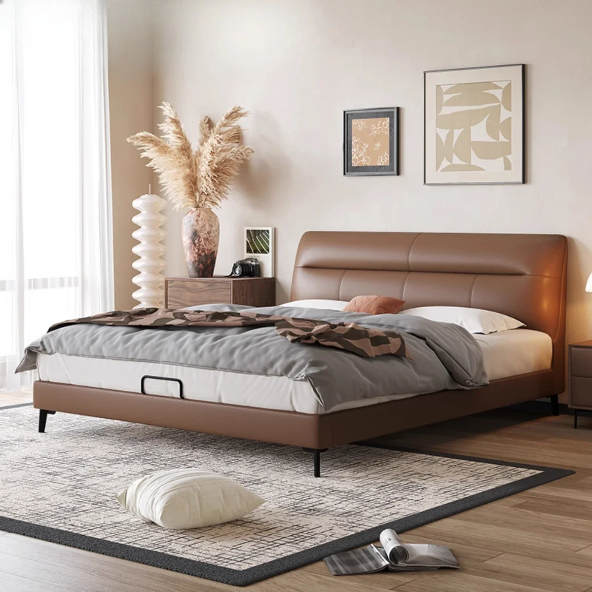 Italian minimalist first-layer cowhide leather bed, Nordic modern simple double bed