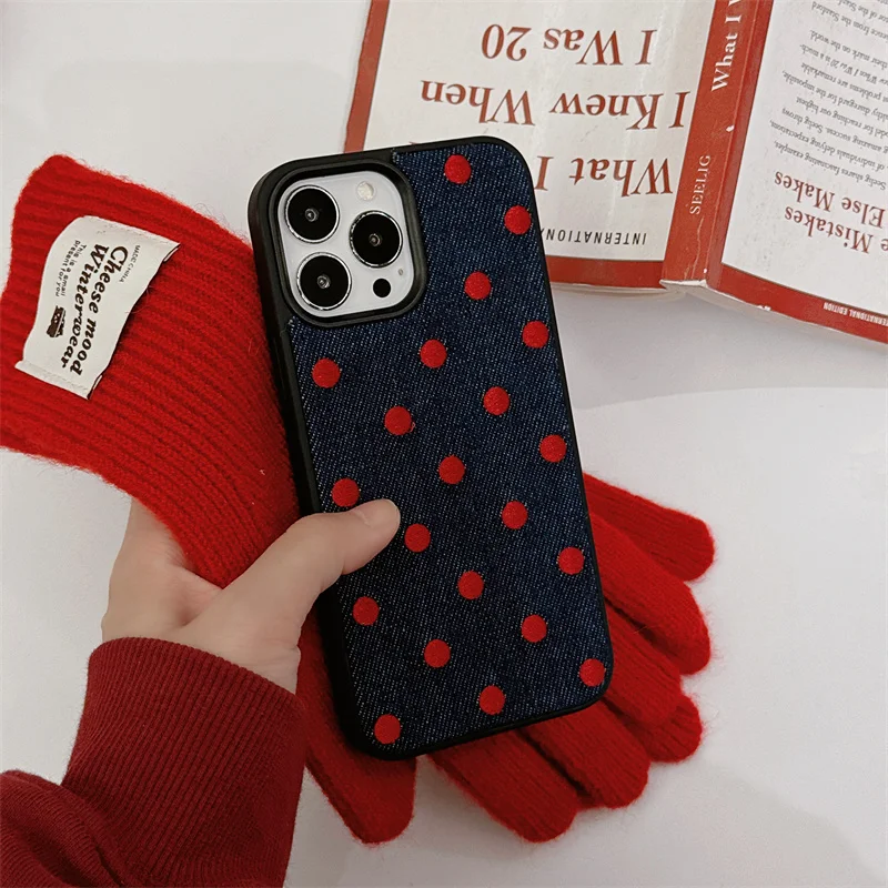 Handheld red wristband with personalized embroidery polka dot cowboy iPhone case for iPhone 13 14 15 16 pro max