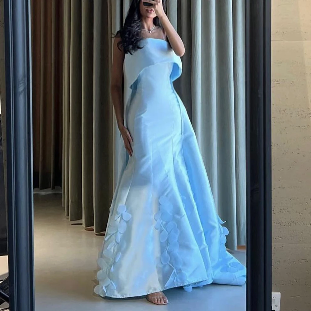 Customized Modern Satin Mermaid Appliques Evening Dress Strapless Sleeveless Panel Train Temperament Bespoke Occasion Gowns