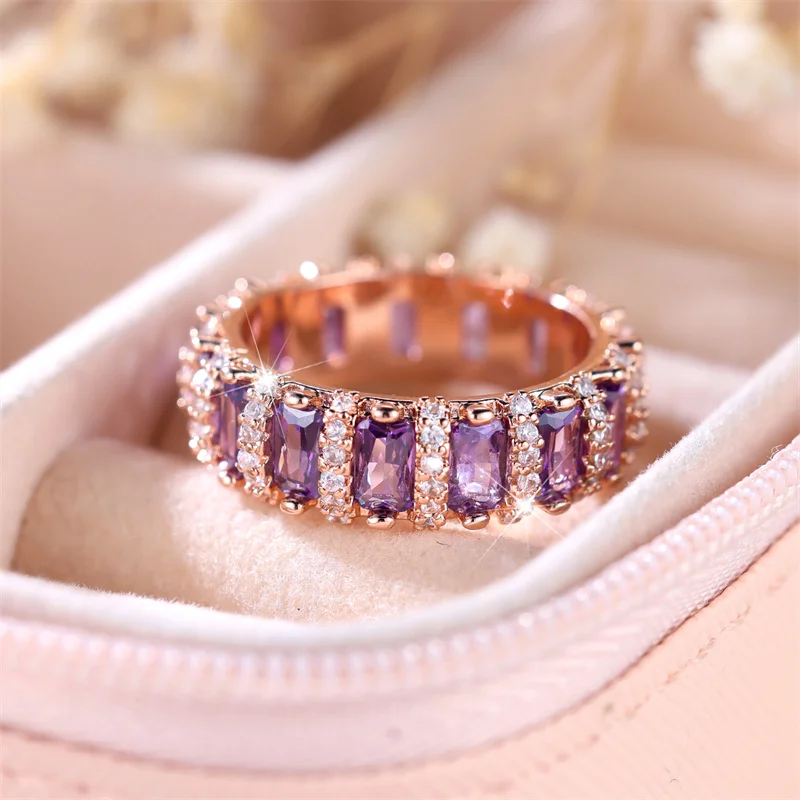 Luxury Female Purple Zircon Stone Ring Trendy Rose Gold Color Engagement Rings For Women Cute Wedding Jewelry Gift