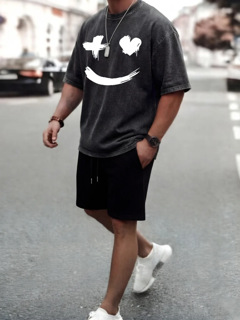 

Creative Funny Faceprints Men Washed Cotton Tee Shirts Summer Comfy T Shirt Set Fashion Casual Top Running Soft Pocket Shorts