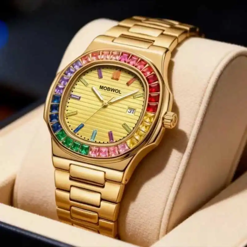 Luxury Men's Wristwatch MOBWOL Original Quartz Watch Waterproof Luminous Date Stainless Steel + Gift Box