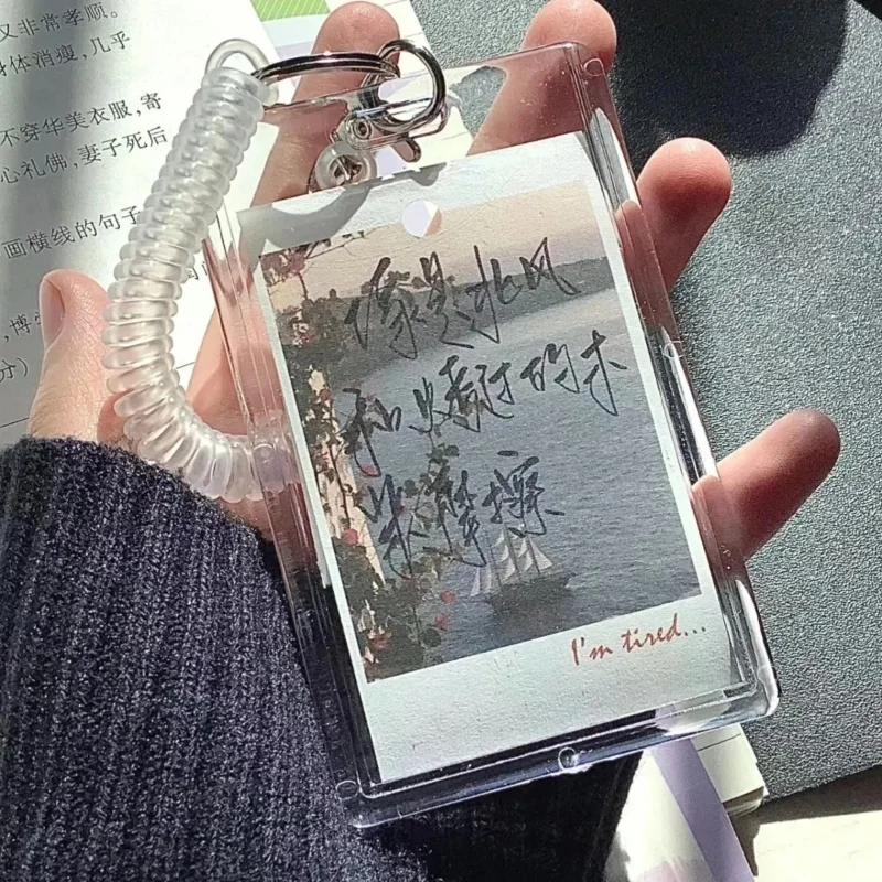 Horizontal Vertical Card Holder with Spring Lanyard Chain ID Card Idol Card Slot Protector Transparent Acrylic Card Sleeve