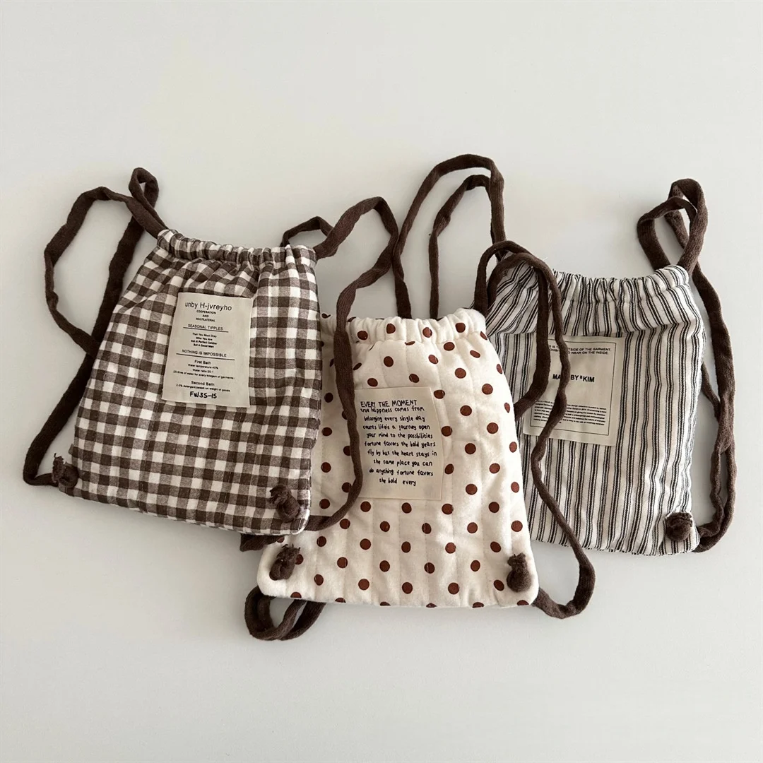 Zaino con coulisse in stile coreano per bambini Borsa a tracolla portaoggetti leggera per bambini scozzese a pois invernali