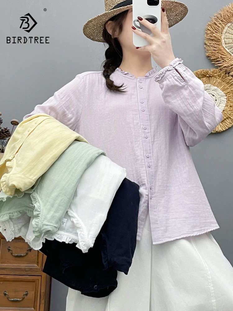 

New 2026 Spring Women Cotton Yarn Long Sleeve Shirt, Ruffled Solid, Mori Girl Fashion OL Breathable Thin Loose Blouse T63786CC