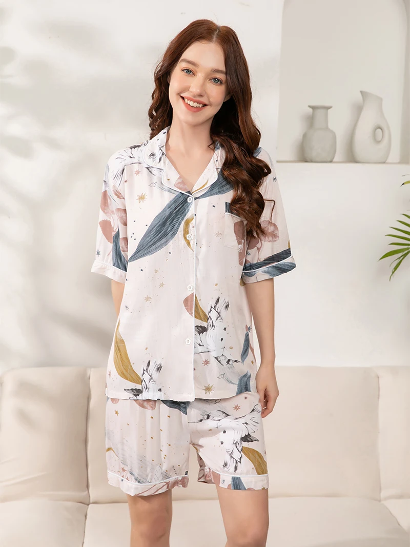 

Women Pajamas Set 100% Viscose Plus Size S-3XL Short-Sleeved Shorts Home Pijima Loose for Home Sleepwear Female