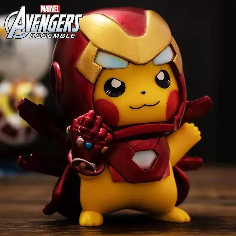 PokéMon 10cm Iron Man Pikachu Cos Avengers Marvel Handmade Pok é Mon Car Carrying Doll Ornament Cartoon Doll Anime Periphery
