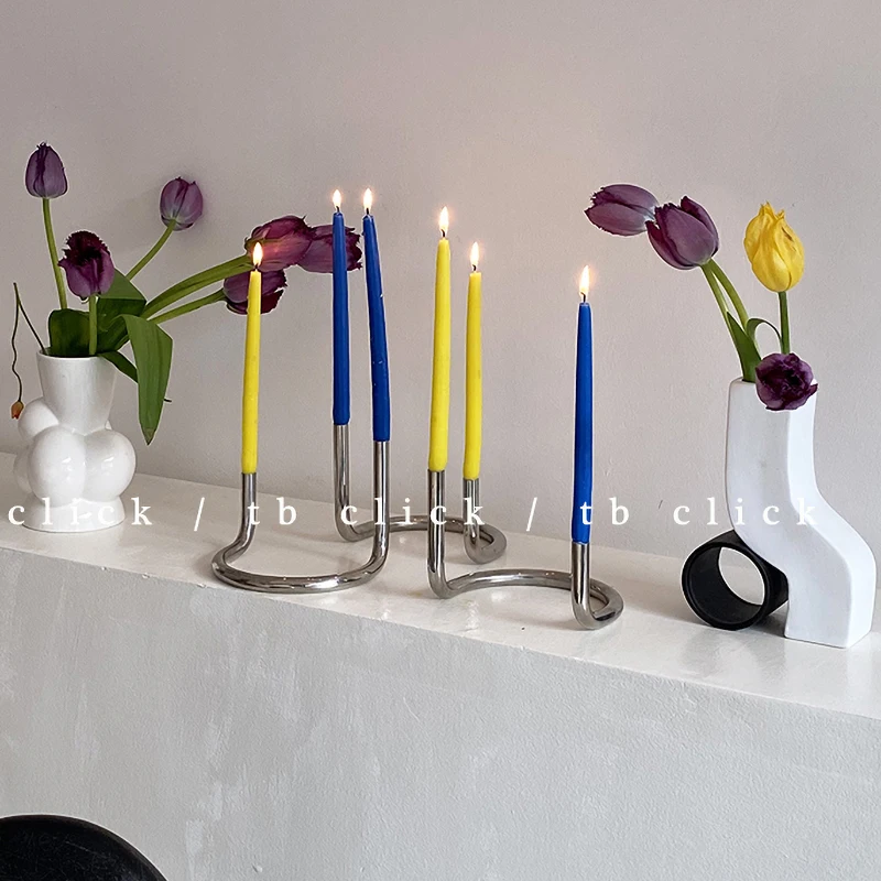 الفولاذ المقاوم للصدأ على شكل حرف U التوأم الشموع تايبي الأوروبية Ins الرياح ديكور المنزل الحلي حفل زفاف عطلة جو شمعة