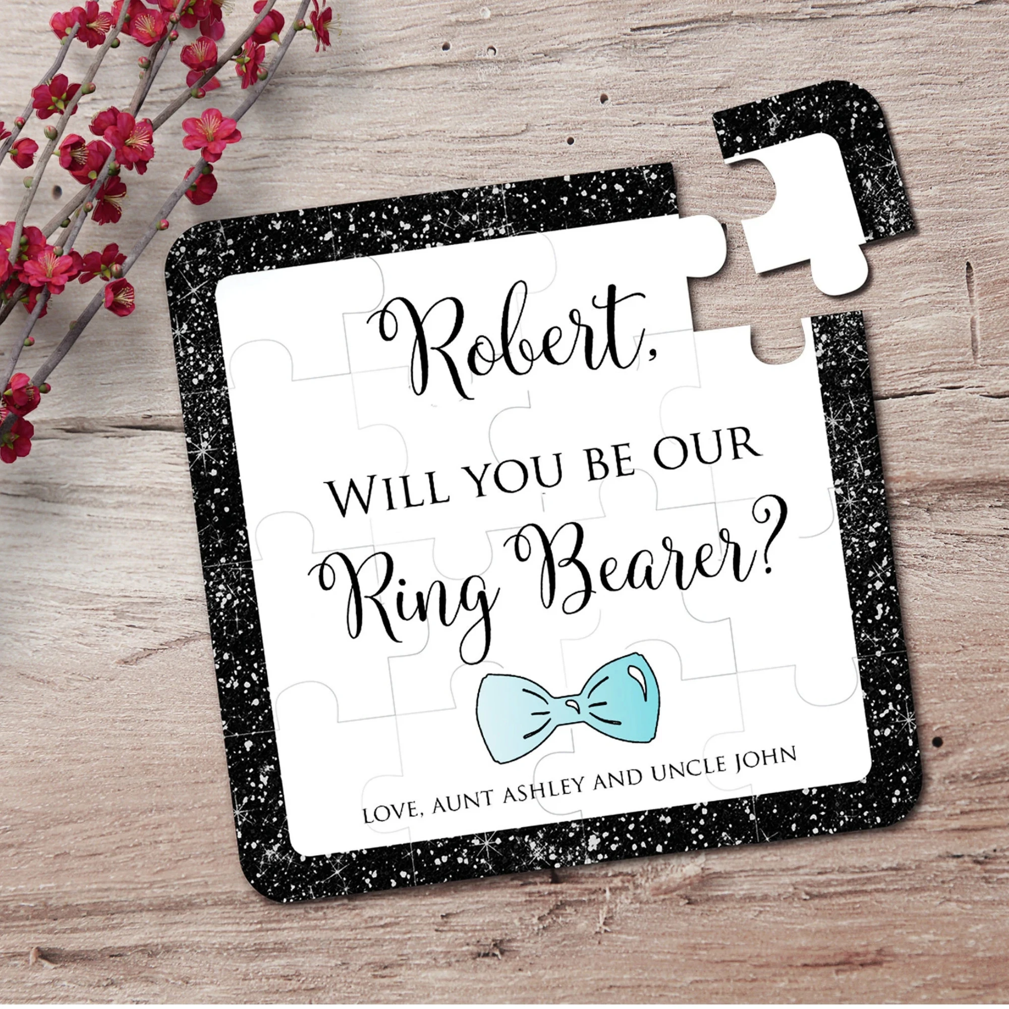

16*16CM Ring Bearer Proposal Puzzle With Black Border And Blue Bow Tie, Csutom Wedding Puzzles,3*5PCs Pretty Jigsaw